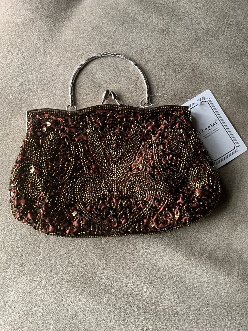 Amazon Beaded Evening Clutch in Brown and Gold